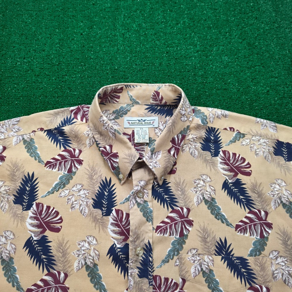 Natural Issue Hawaiian Shirt Mens 2XL Tan Tropical Leaf Print Cotton Aloha - Picture 2 of 8